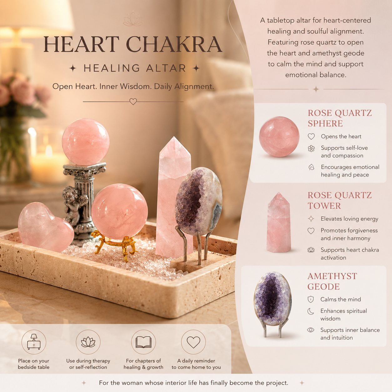 Meditation, Love & Emotional Wellness — Rose Quartz & Amethyst Geode Crystal Altar Decor for Heart Chakra Healing