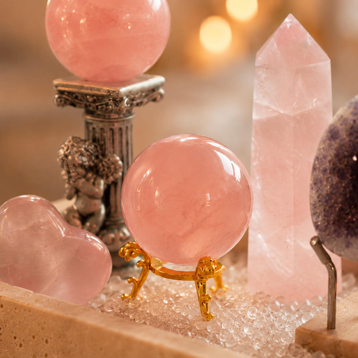 Meditation, Love & Emotional Wellness — Rose Quartz & Amethyst Geode Crystal Altar Decor for Heart Chakra Healing