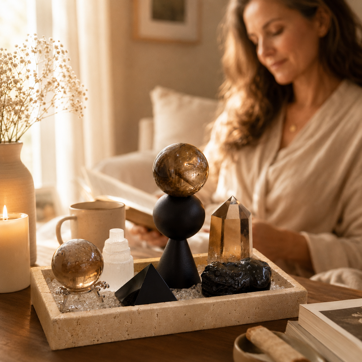 Grounding & Steadiness — Smoky Quartz & Obsidian Crystal Grid for Root Chakra Healing & Inner Stability