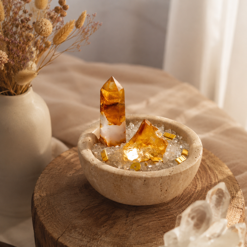 Prosperity, Abundance & Career Motivation — Brazilian Golden Citrine Crystal Grid Set for Business Intentions, Office, Desk & Altar Décor