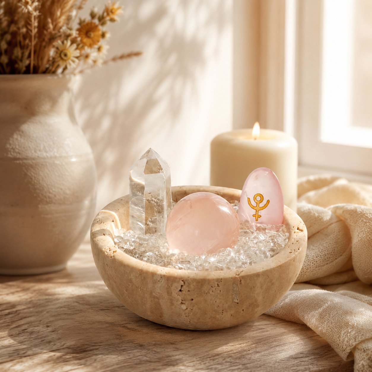Self-Love, Compassion & Sacred Feminine Energy — Rose Quartz Goddess Grid Set with Goddess Egg, Quartz Tower & Pink Crystal Bowl for Altar Décor