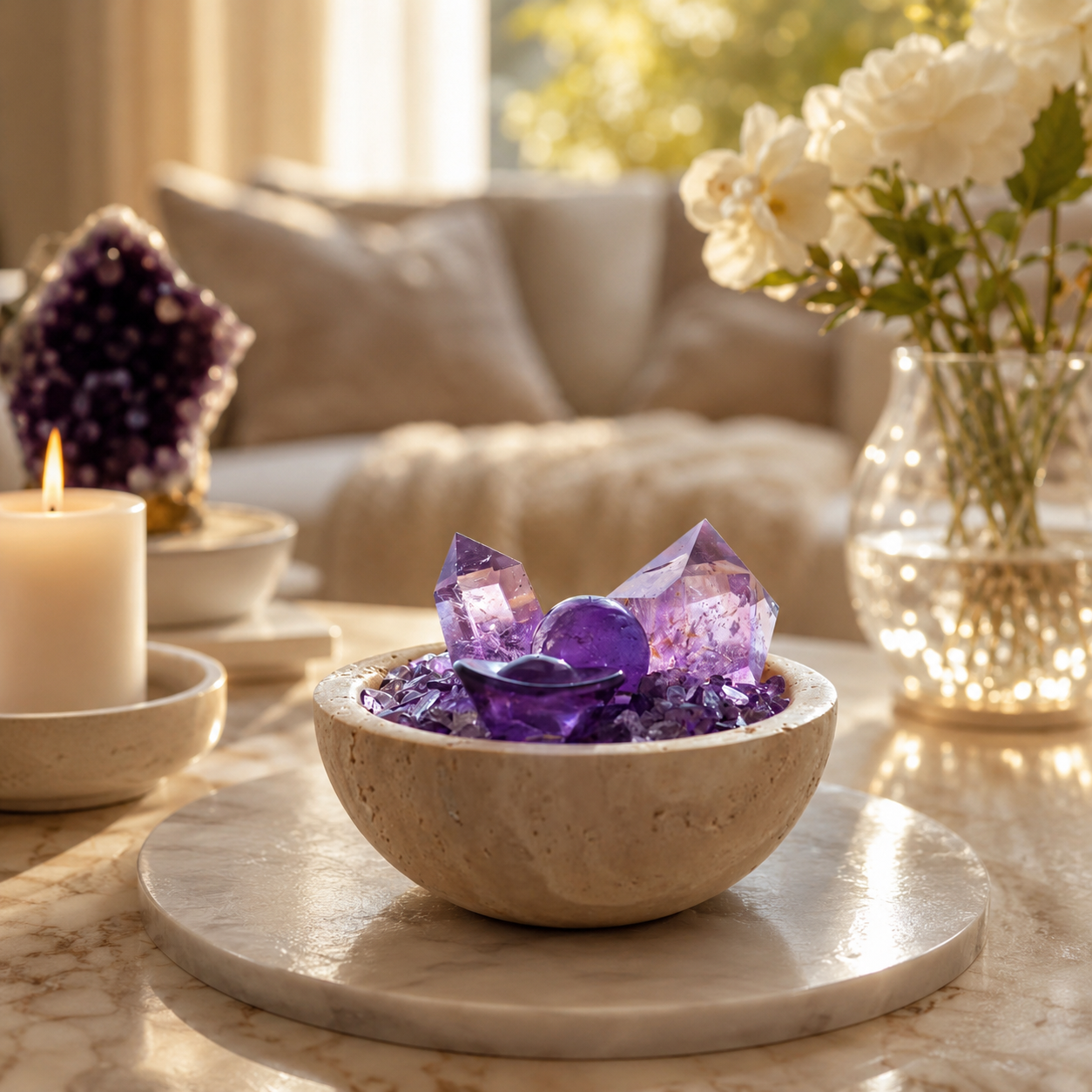 Wisdom, Intuition & Abundance — Premium Amethyst Crystal Grid Set with Sphere, Tower & Ingot for Manifestation, Office & Altar Décor