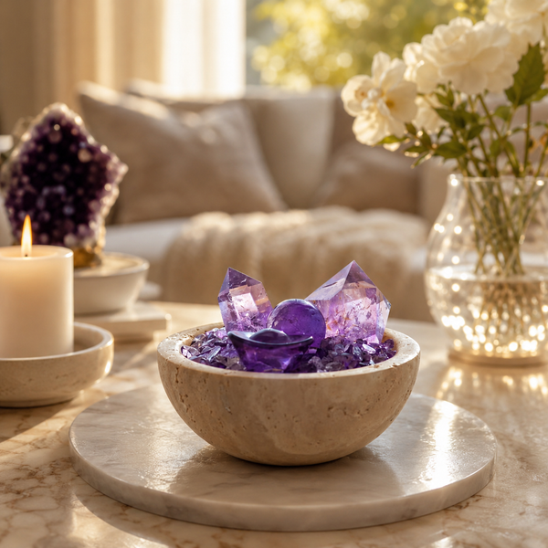 Wisdom, Intuition & Abundance — Premium Amethyst Crystal Grid Set with Sphere, Tower & Ingot for Manifestation, Office & Altar Décor
