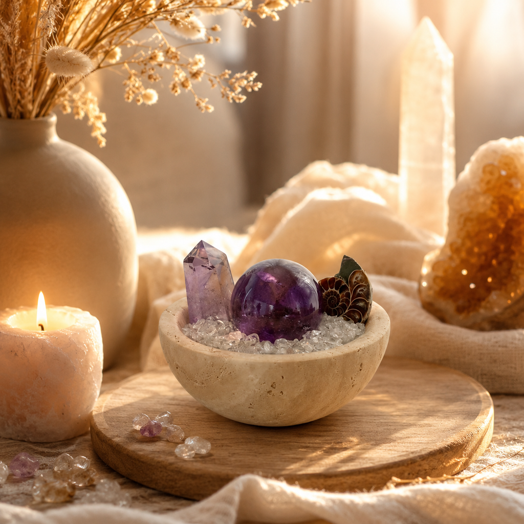Intuition, Spiritual Growth & Positive Energy — Premium Amethyst Crystal Grid Set with Sphere, Tower & Natural Inclusions for Meditation, Bedroom & Altar Décor