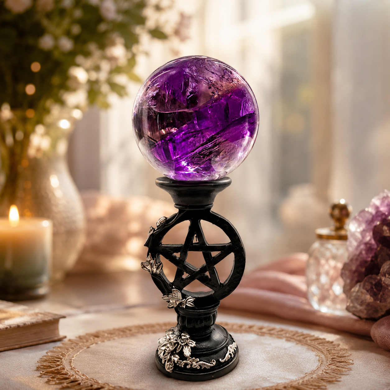 Intuition, Spiritual Insight & High-Vibration Energy — Rare Star-Pattern Trapiche Amethyst Sphere for Collectors, Meditation & Altar Décor, Approx. 1.77 in. Diameter