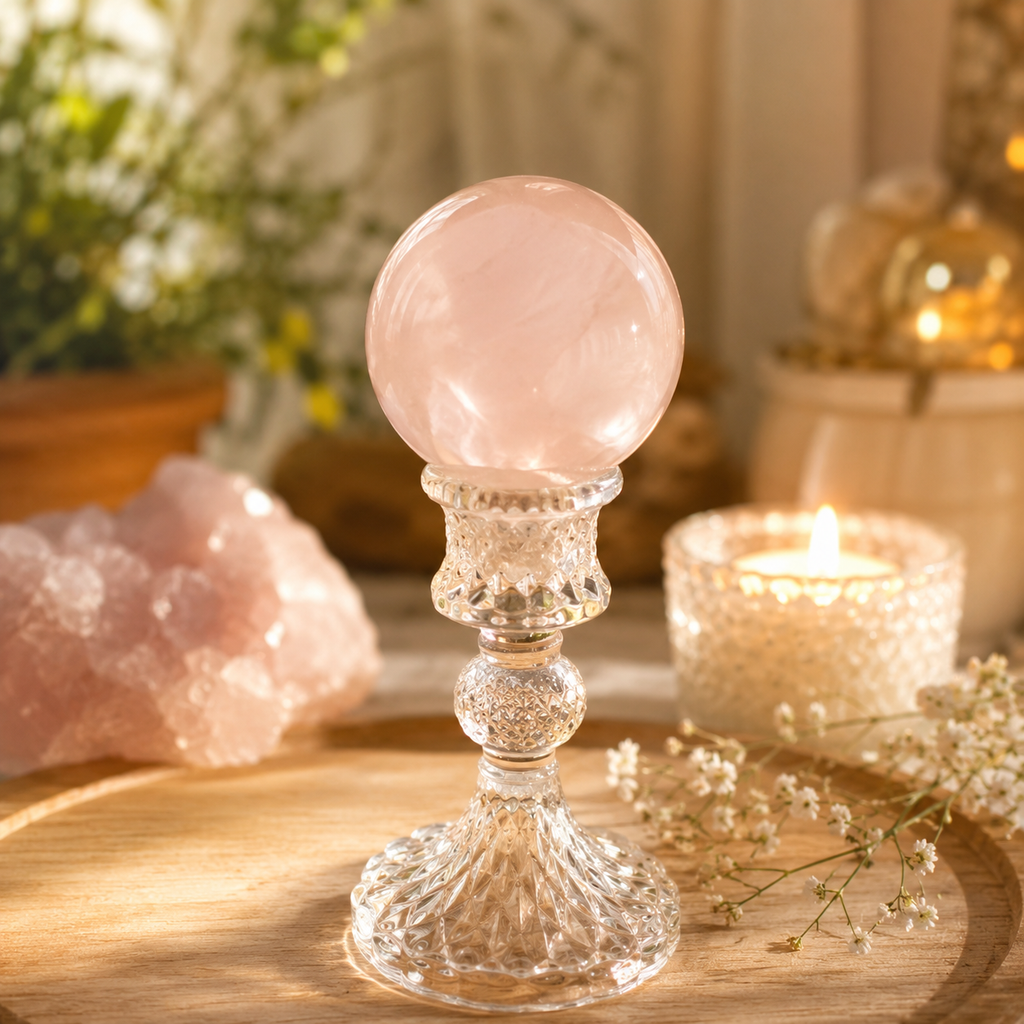 Self-Love, Compassion & Romantic Intentions — Rose Quartz Crystal Sphere for Heart Chakra, Meditation, Bedroom & Altar Décor, Approx. 2–2.4 in. Diameter