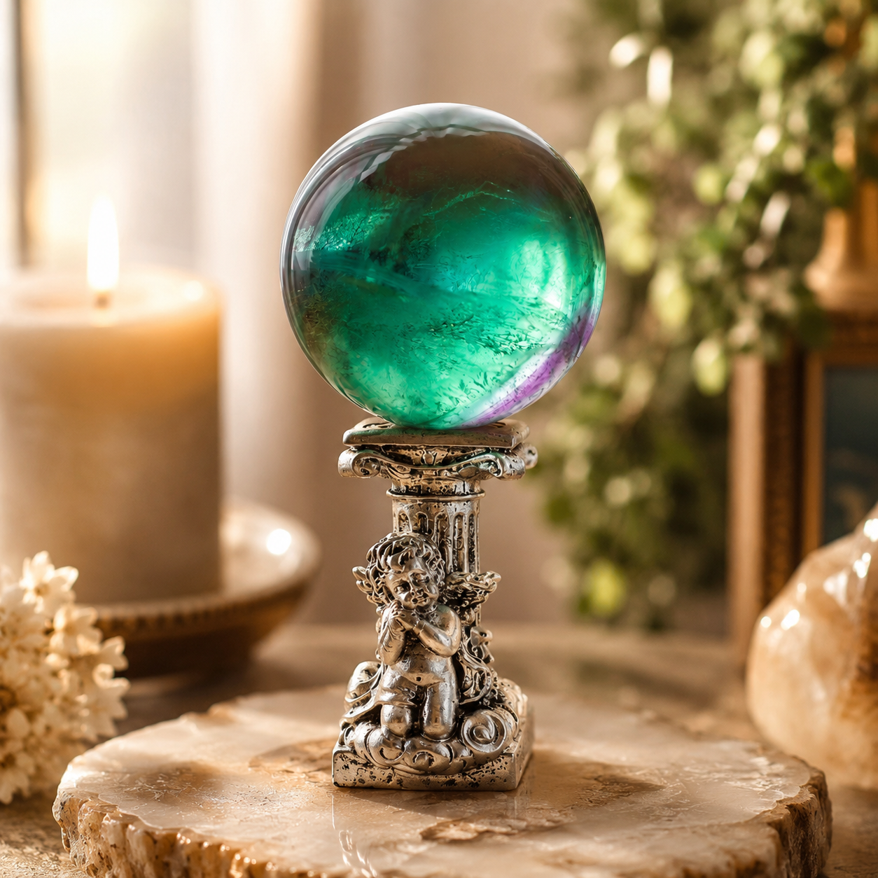 Clarity, Creativity & Heart-Centered Energy — Top-Grade Green Fluorite Crystal Sphere for Focus, Meditation, Desk & Altar Décor, Approx. 1.6 in. Diameter