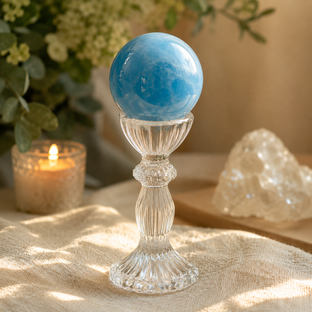 Calm Energy, Communication & Confidence — Aquamarine “Mermaid Stone” Crystal Sphere for Throat Chakra, Meditation, Desk & Altar Décor