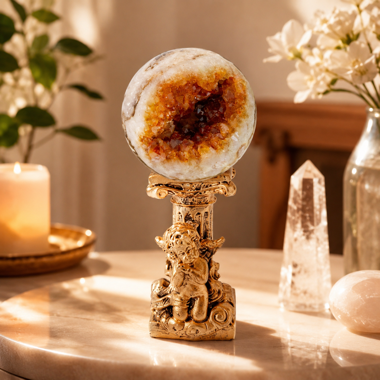 Prosperity, Abundance & Business Motivation — Royal Yellow Citrine “Little Monster” Crystal Sphere for Entrepreneurs, Office & Desk Décor