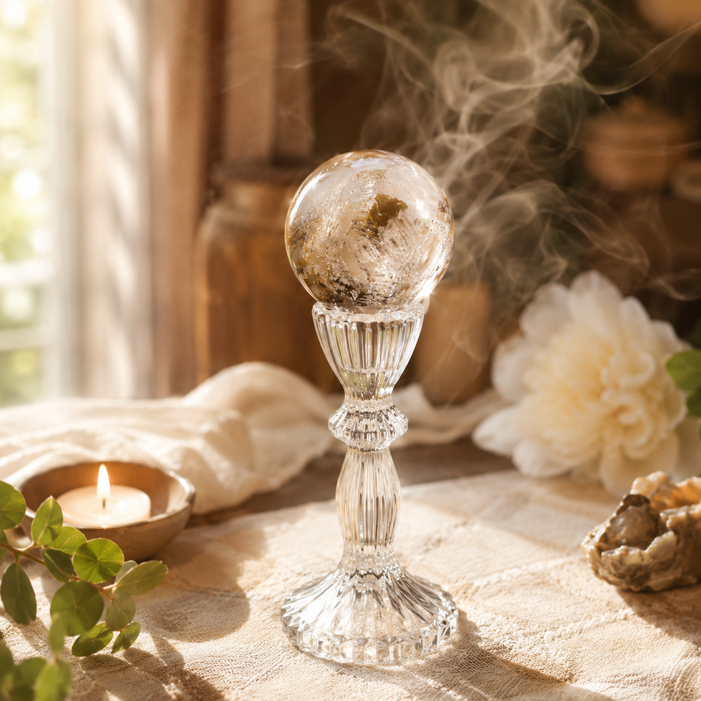 Insight, Reflection & Spiritual Growth — Skeletal Quartz Crystal Sphere for Meditation, Past-Life Exploration & Altar Décor, Approx. 1.6–2.0 in. Diameter