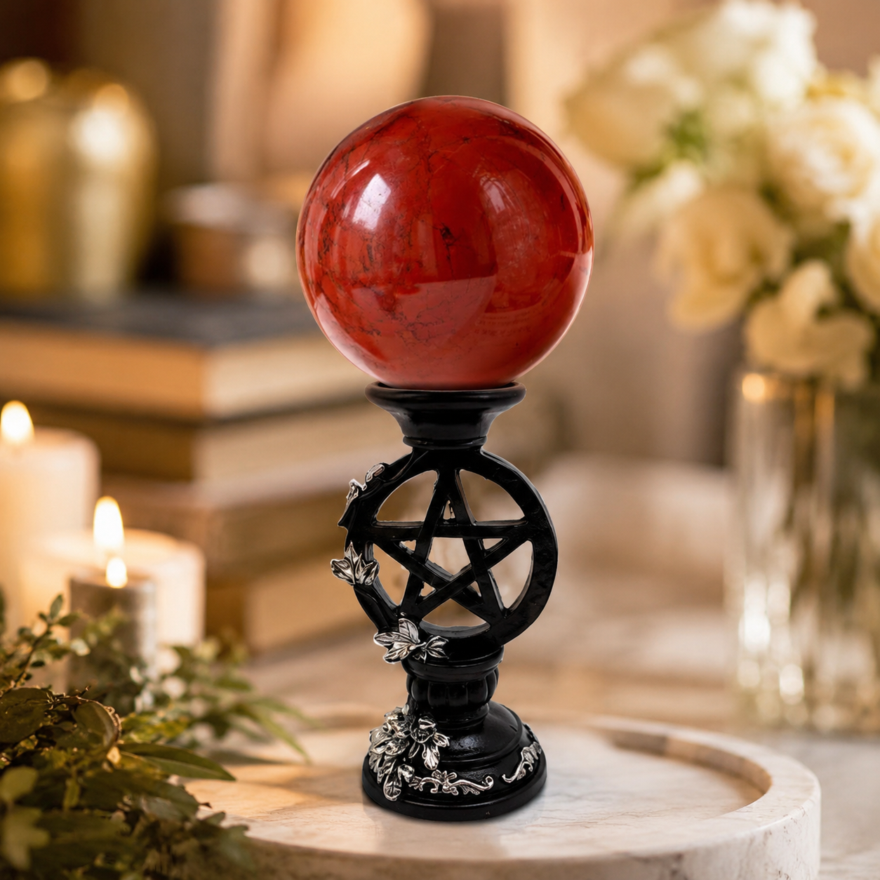 Grounding, Stability & Earth Connection — Red Jasper Crystal Sphere for Root Chakra Meditation, Altar, Desk & Sacred Space Décor