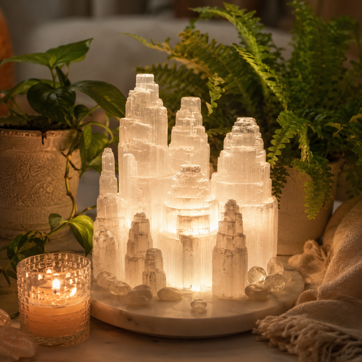 Energy Cleansing & Spiritual Ambiance — Selenite Lighthouse Crystal Lamp for Crown Chakra, Bedroom, Altar & Meditation Space Décor
