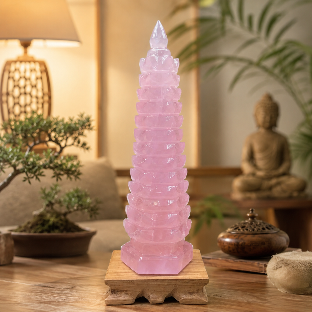 Focus, Confidence & Positive Connections — Rose Quartz Wenchang Pagoda Study Tower for Desk, Office & Feng Shui Décor