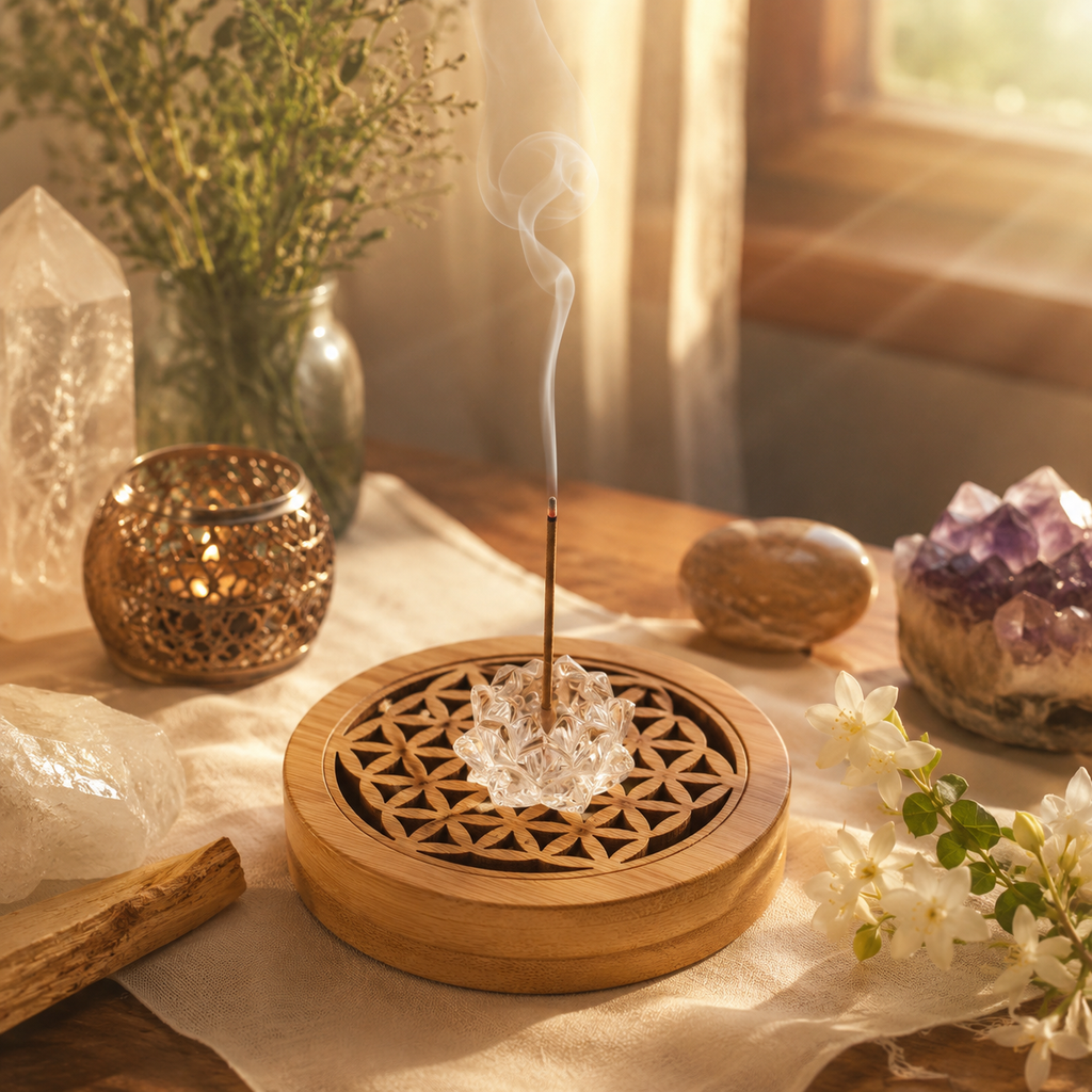 Clarity & Positive Energy Lotus Incense Holder — Hand-Carved Clear Quartz Crystal for Meditation, Yoga Studio, Altar & Sacred Space Décor