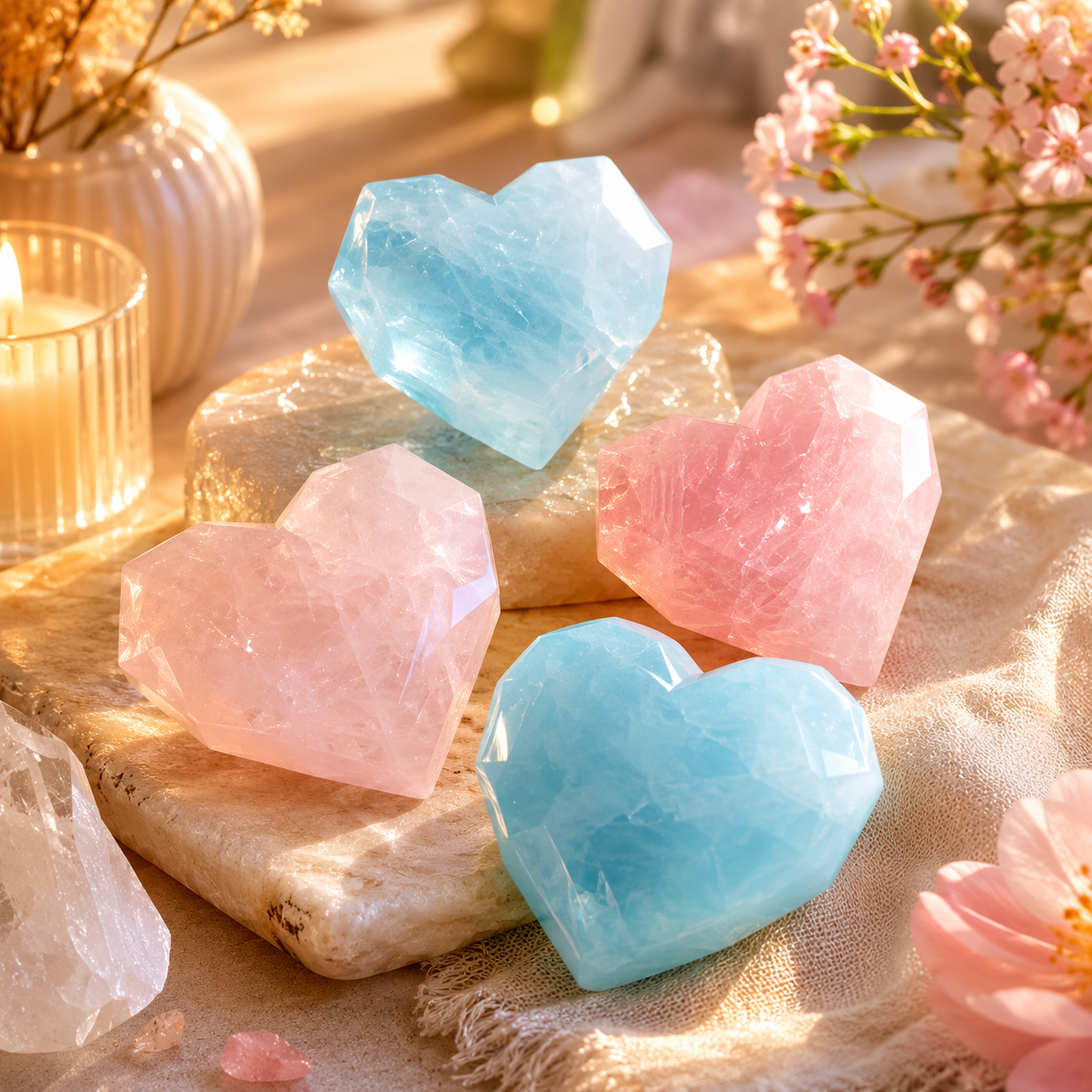 Love, Communication & Confidence Crystal Hearts — Rose Quartz and Aquamarine Heart Set for Throat Chakra, Career Intentions & Meaningful Gifts