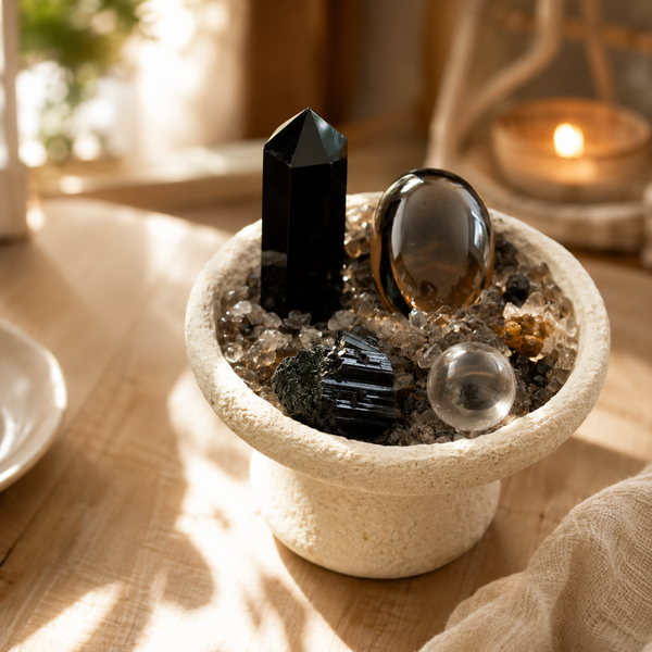Grounding & Protection Root Chakra Bowl — Obsidian, Smoky Quartz & Crystal Chips for Meditation Altar and Peaceful Home Décor