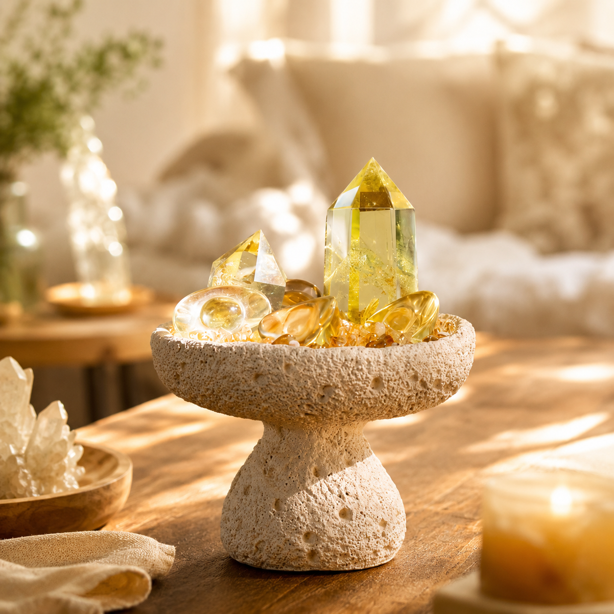 Prosperity & Abundance Crystal Bowl Set — Citrine, Clear Quartz Tower & Gold Ingots for Manifestation Altar, Office or Feng Shui Wealth Corner