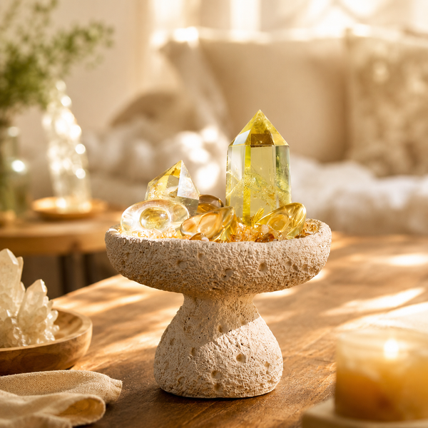 Prosperity & Abundance Crystal Bowl Set — Citrine, Clear Quartz Tower & Gold Ingots for Manifestation Altar, Office or Feng Shui Wealth Corner