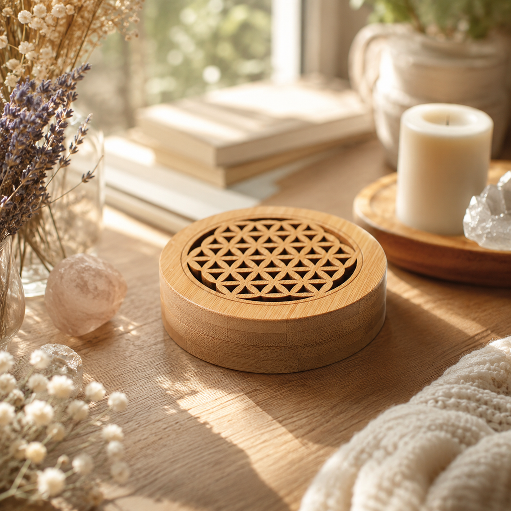 Energy Cleansing & Sacred Ritual Bamboo Box — Flower of Life Smudge Holder