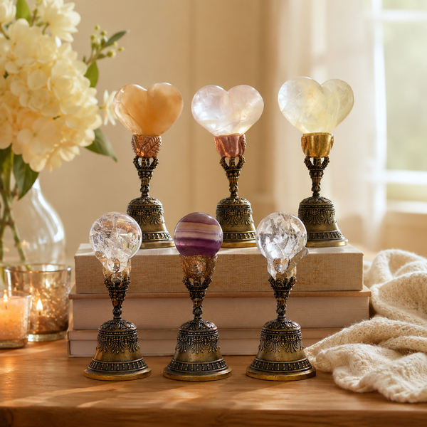 Energy Cleansing, Meditation & Intention Setting — Handcrafted Crystal Bell with Clear Quartz Top, Available in Rose Quartz, Amethyst or Fluorite Heart and Sphere Designs