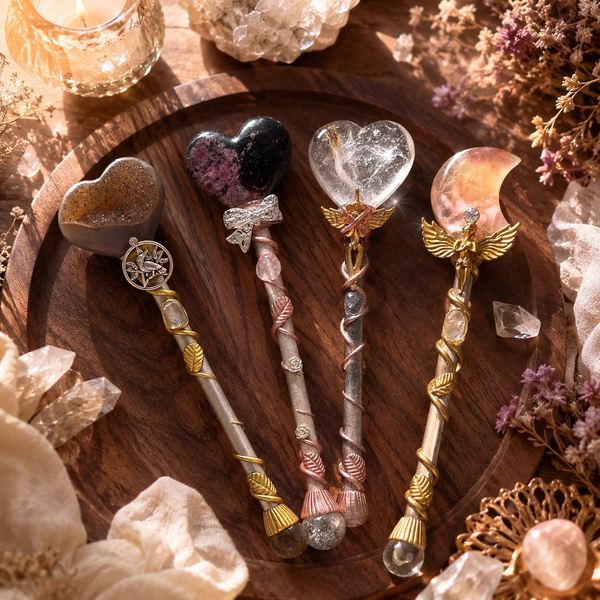 Energy Cleansing, Intention Setting & Spiritual Focus — Handcrafted Heart and Moon Crystal Wand for Meditation, Crystal Grids & Altar, Available in Rose Quartz, Strawberry Quartz, Fluorite, Citrine, Obsidian or Clear Quartz