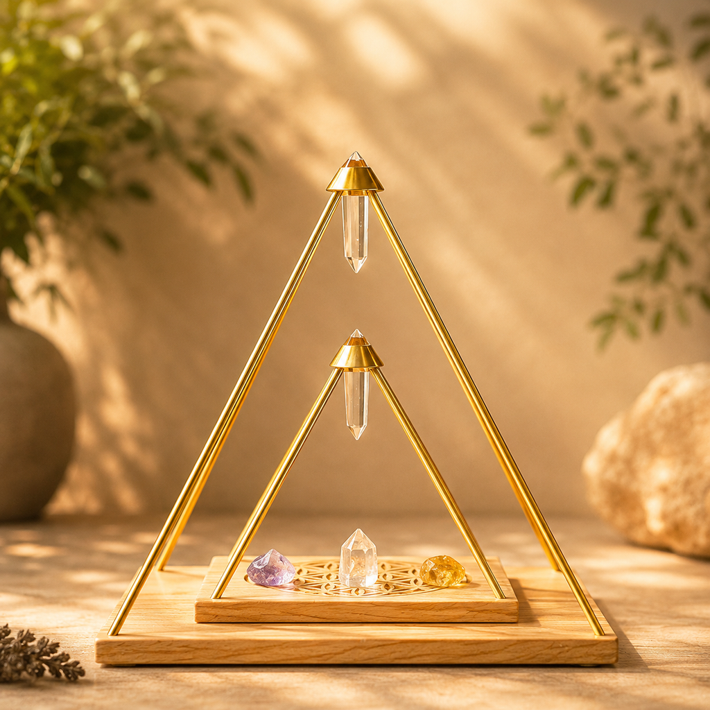 Clarity, Intention & Energy Alignment — Vogel-Tip Crystal Pyramid with Flower of Life Base for Meditation, Crystal Charging & Sacred Geometry Décor