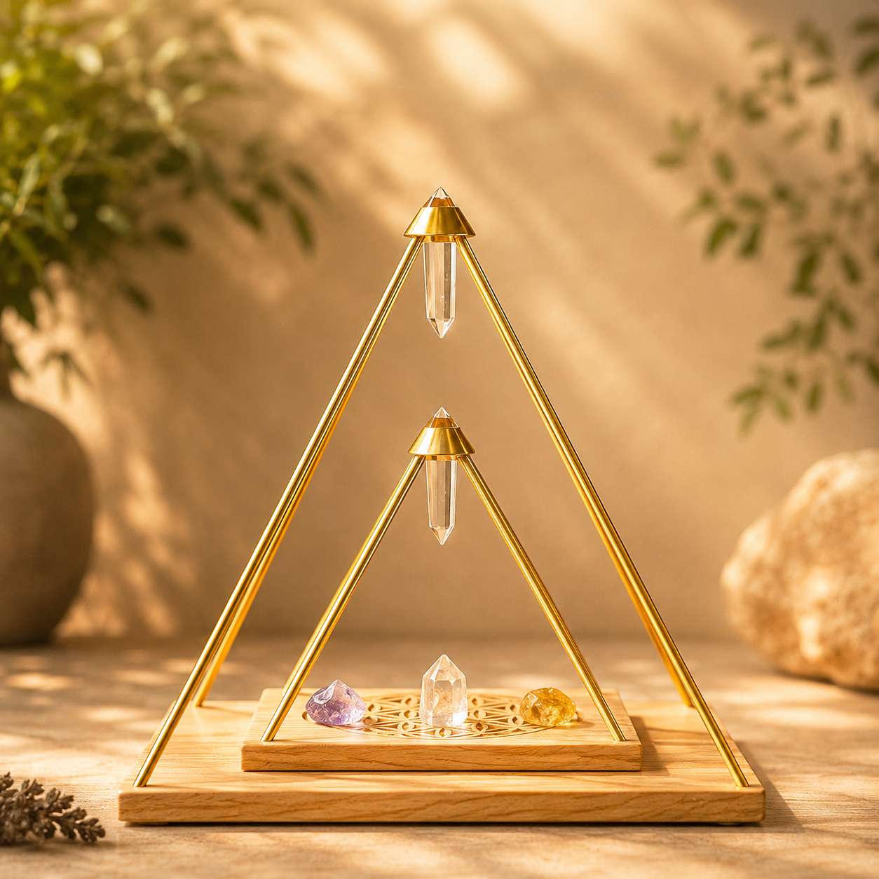 Clarity, Intention & Energy Alignment — Vogel-Tip Crystal Pyramid with Flower of Life Base for Meditation, Crystal Charging & Sacred Geometry Décor