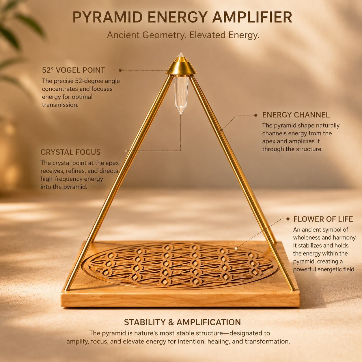 Clarity, Intention & Energy Alignment — Vogel-Tip Crystal Pyramid with Flower of Life Base for Meditation, Crystal Charging & Sacred Geometry Décor
