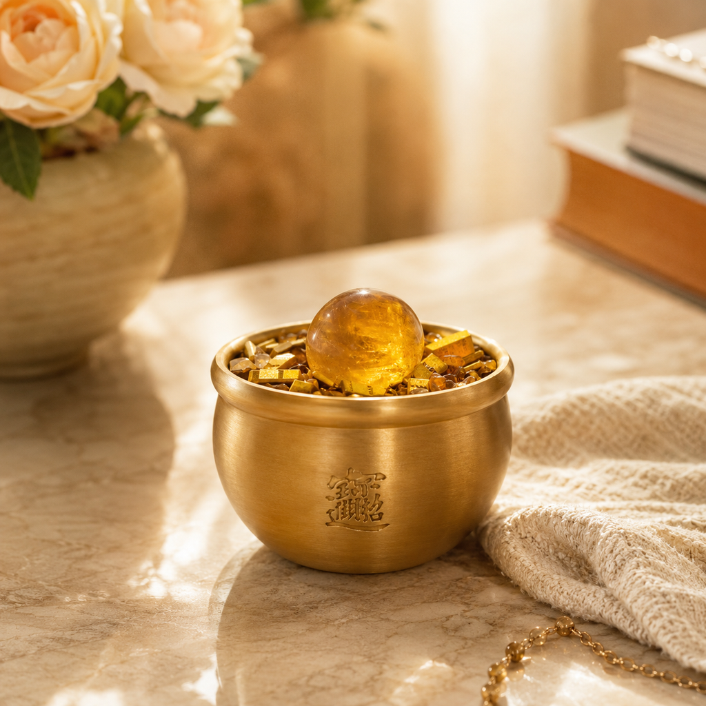 Prosperity & Abundance Treasure Bowl — Brass Feng Shui Wealth Bowl with Citrine Sphere & Gold Ingot Chips for Office, Altar & Wealth Corner Décor