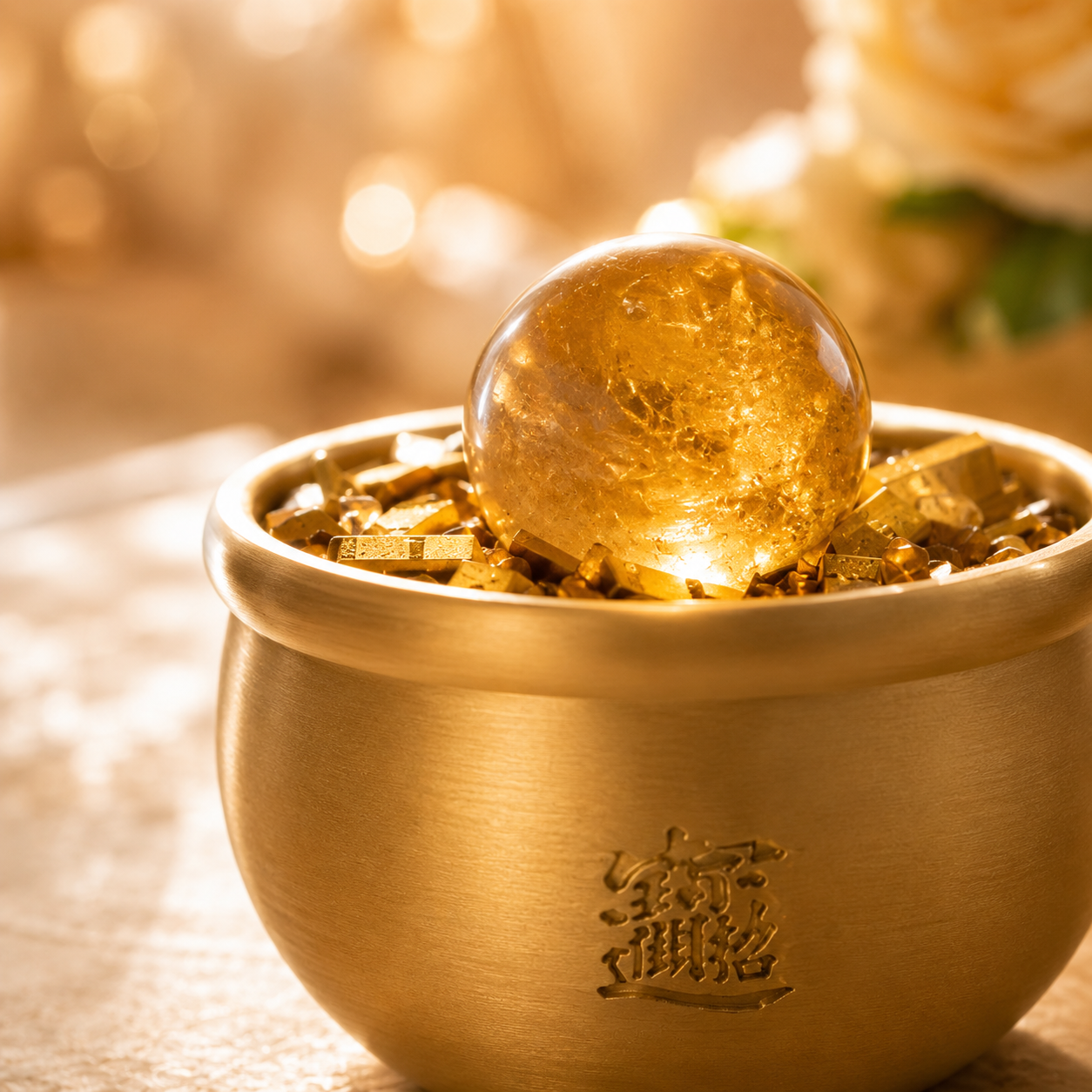 Prosperity & Abundance Treasure Bowl — Brass Feng Shui Wealth Bowl with Citrine Sphere & Gold Ingot Chips for Office, Altar & Wealth Corner Décor