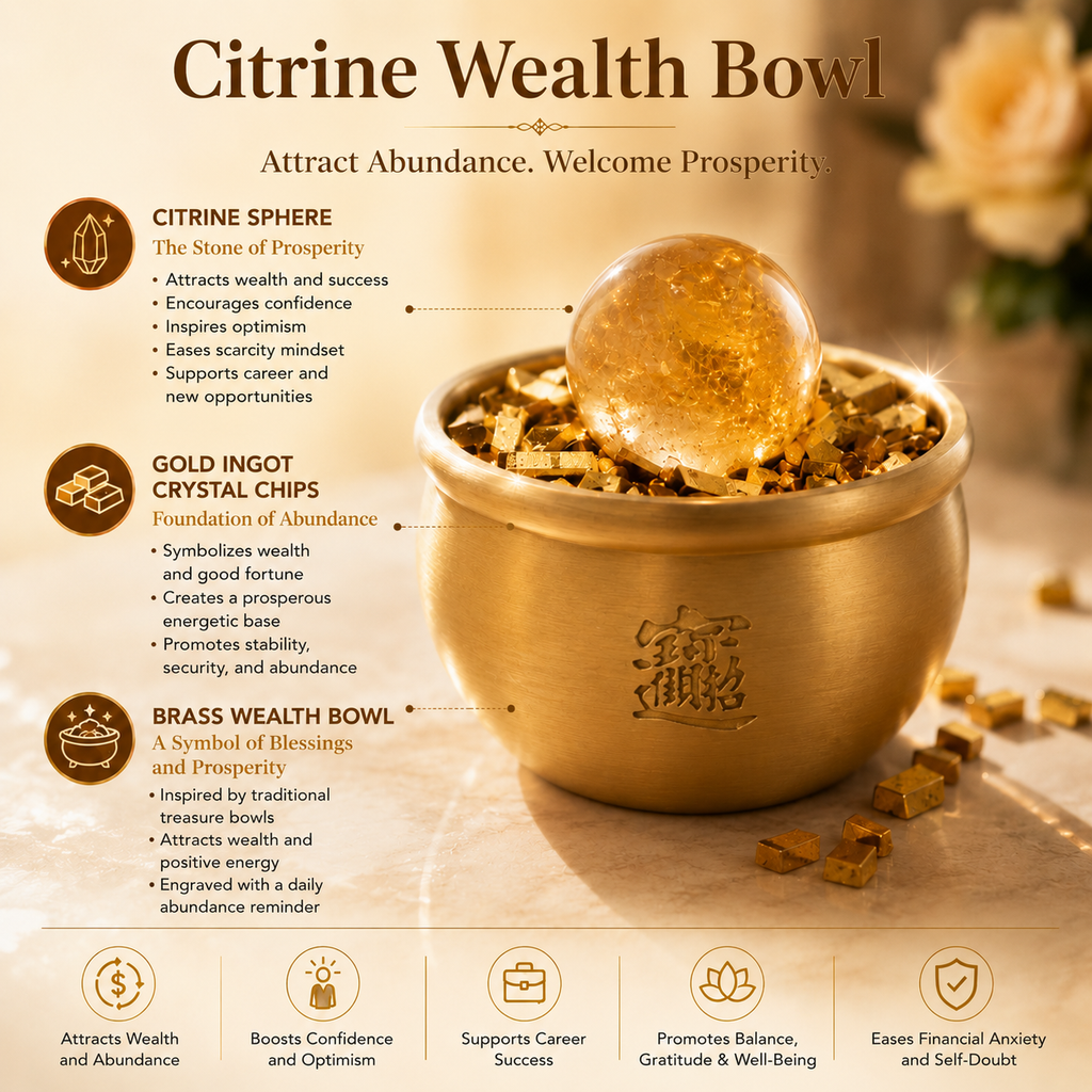Prosperity & Abundance Treasure Bowl — Brass Feng Shui Wealth Bowl with Citrine Sphere & Gold Ingot Chips for Office, Altar & Wealth Corner Décor