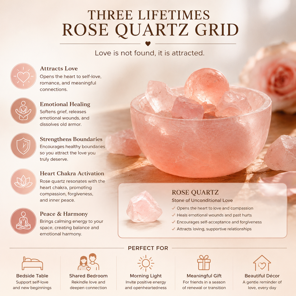 Self-Love, Romance & Relationship Intentions — Rose Quartz Crystal Grid Set for Bedroom, Bedside & Altar Décor, 3.54 × 3.15 in.