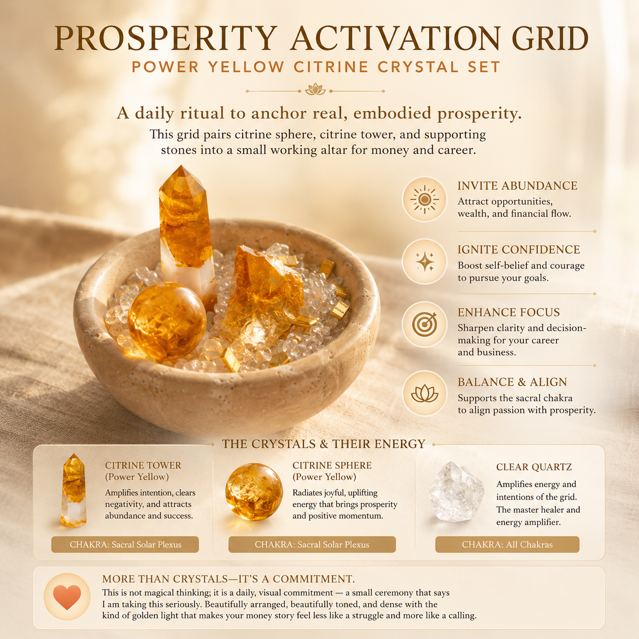 Prosperity, Abundance & Career Motivation — Brazilian Golden Citrine Crystal Grid Set for Business Intentions, Office, Desk & Altar Décor