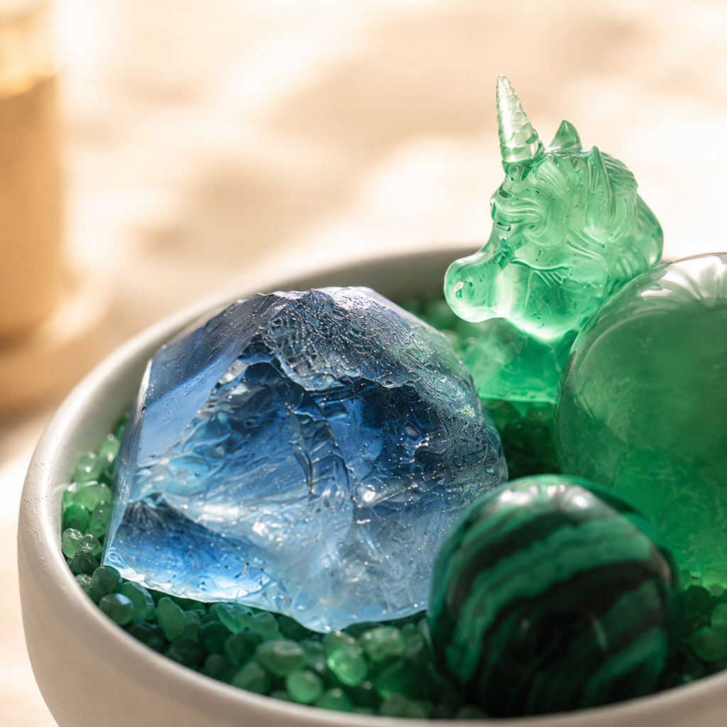 Calm Energy, Renewal & Inner Harmony — Fluorite, Malachite & Green Aventurine Crystal Grid Set with Unicorn Charm for Meditation & Altar Décor