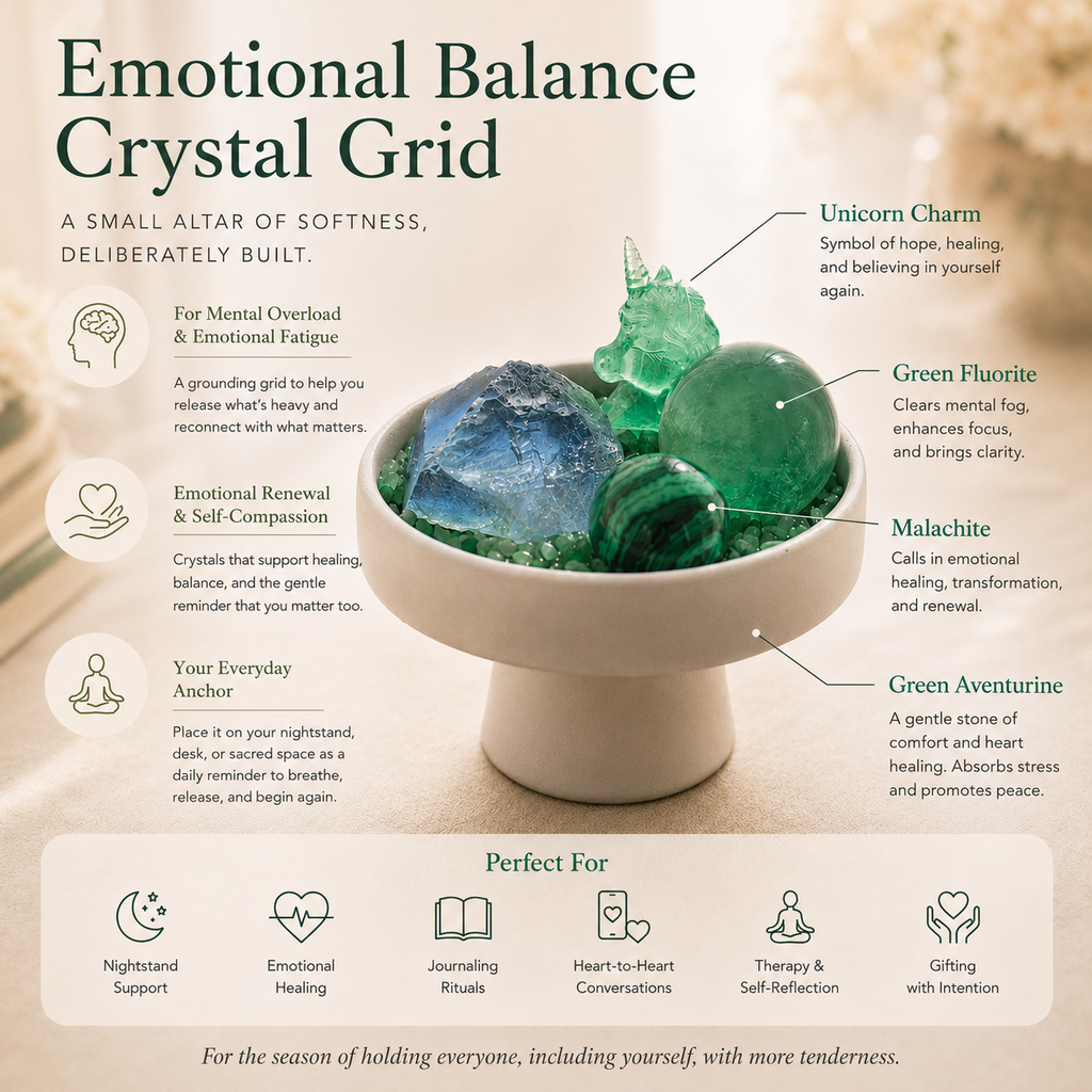 Calm Energy, Renewal & Inner Harmony — Fluorite, Malachite & Green Aventurine Crystal Grid Set with Unicorn Charm for Meditation & Altar Décor
