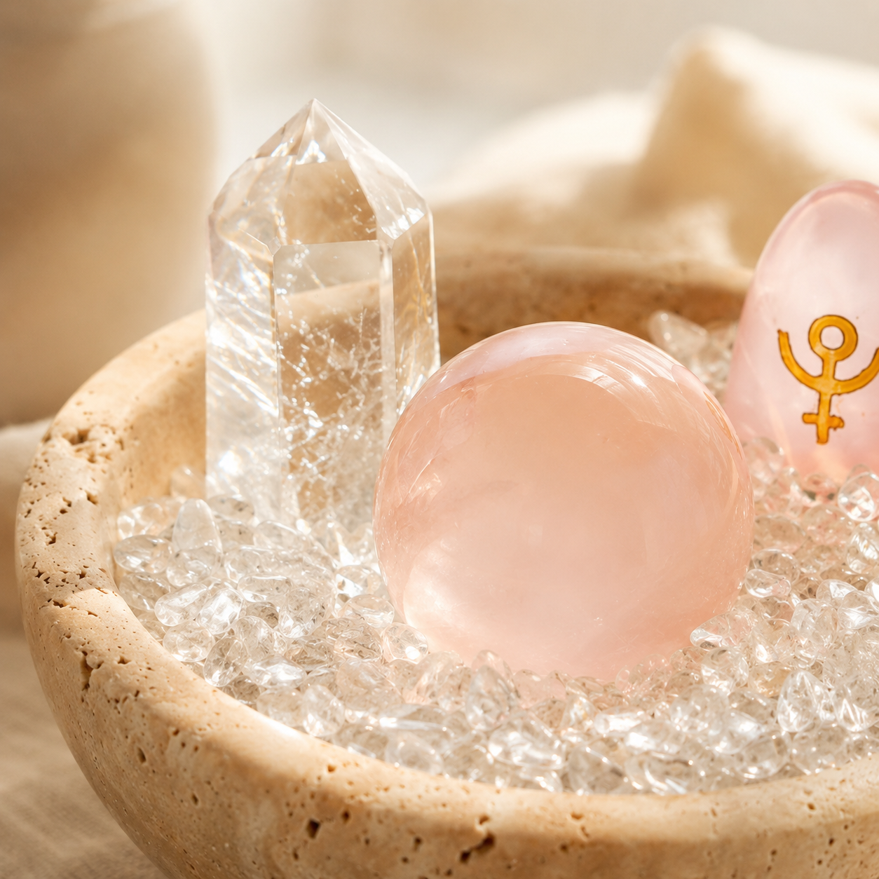 Self-Love, Compassion & Sacred Feminine Energy — Rose Quartz Goddess Grid Set with Goddess Egg, Quartz Tower & Pink Crystal Bowl for Altar Décor