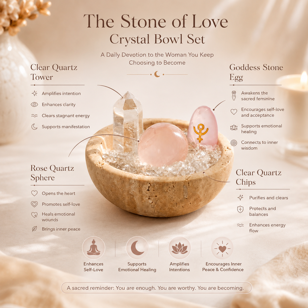 Self-Love, Compassion & Sacred Feminine Energy — Rose Quartz Goddess Grid Set with Goddess Egg, Quartz Tower & Pink Crystal Bowl for Altar Décor