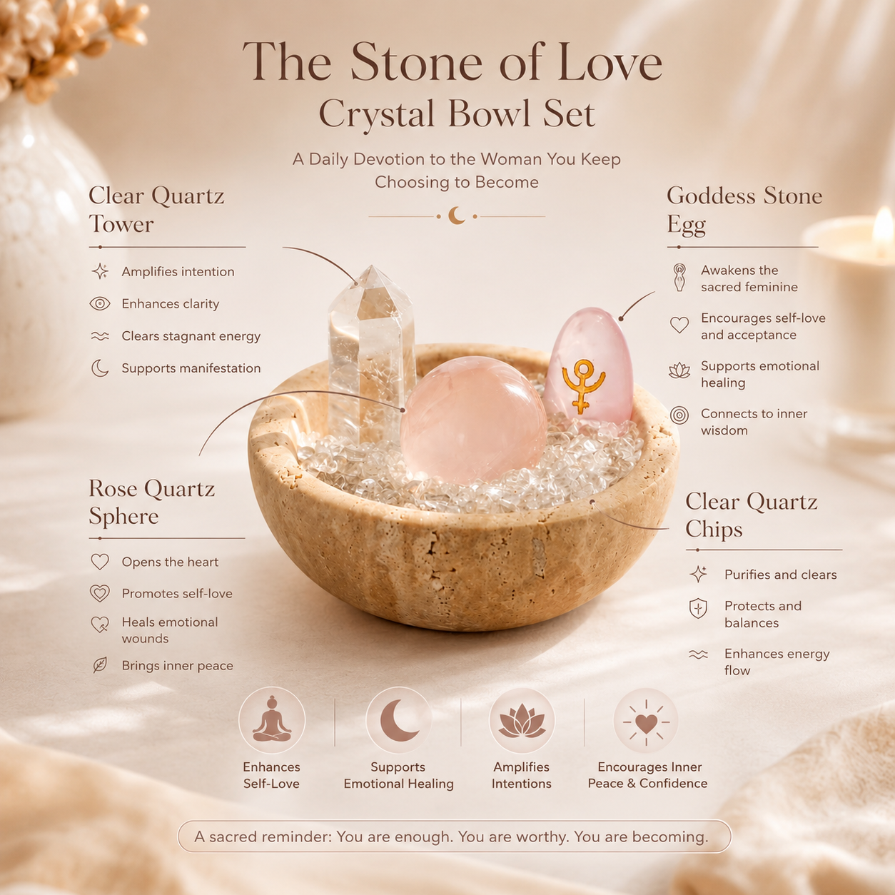 Self-Love, Compassion & Sacred Feminine Energy — Rose Quartz Goddess Grid Set with Goddess Egg, Quartz Tower & Pink Crystal Bowl for Altar Décor