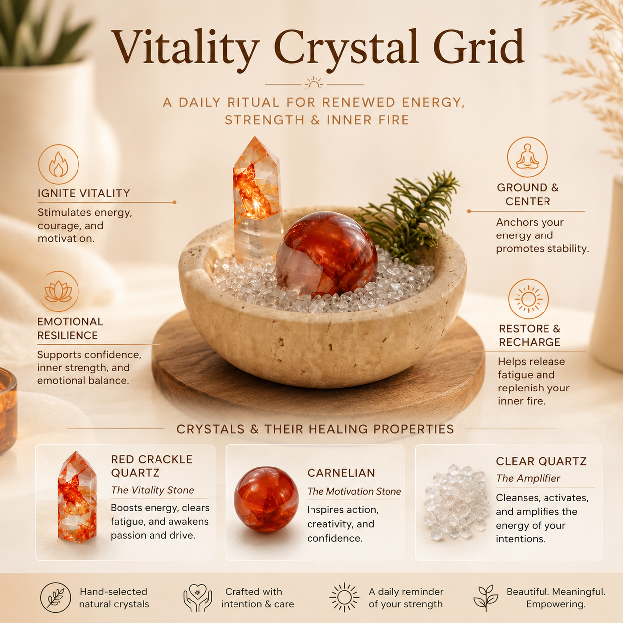 Energy, Motivation & Positive Action — Red Crackle Quartz Crystal Grid Set for Daily Intentions, Workspace, Meditation & Altar Décor