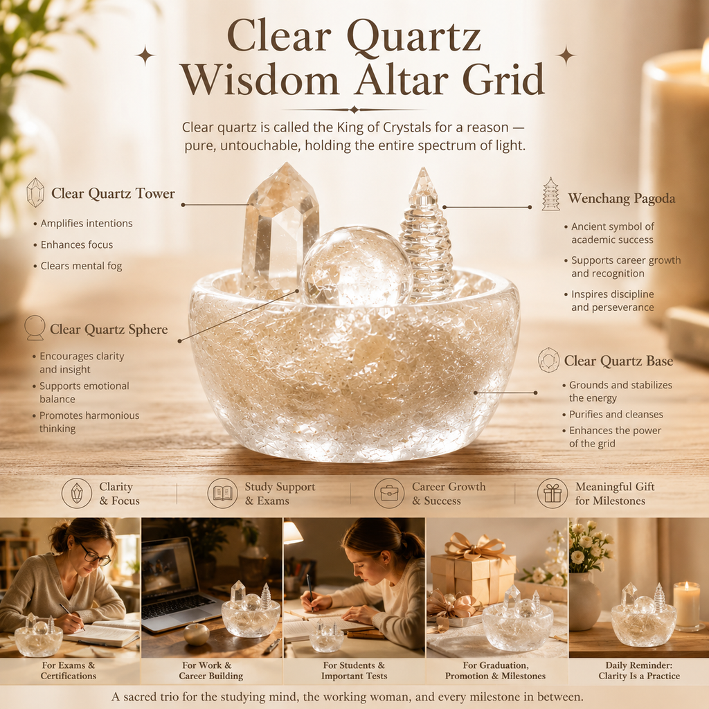 Clarity, Focus & Career Motivation — Clear Quartz Crystal Grid Set with Sphere, Tower & Wenchang Pagoda for Study, Office & Altar Décor