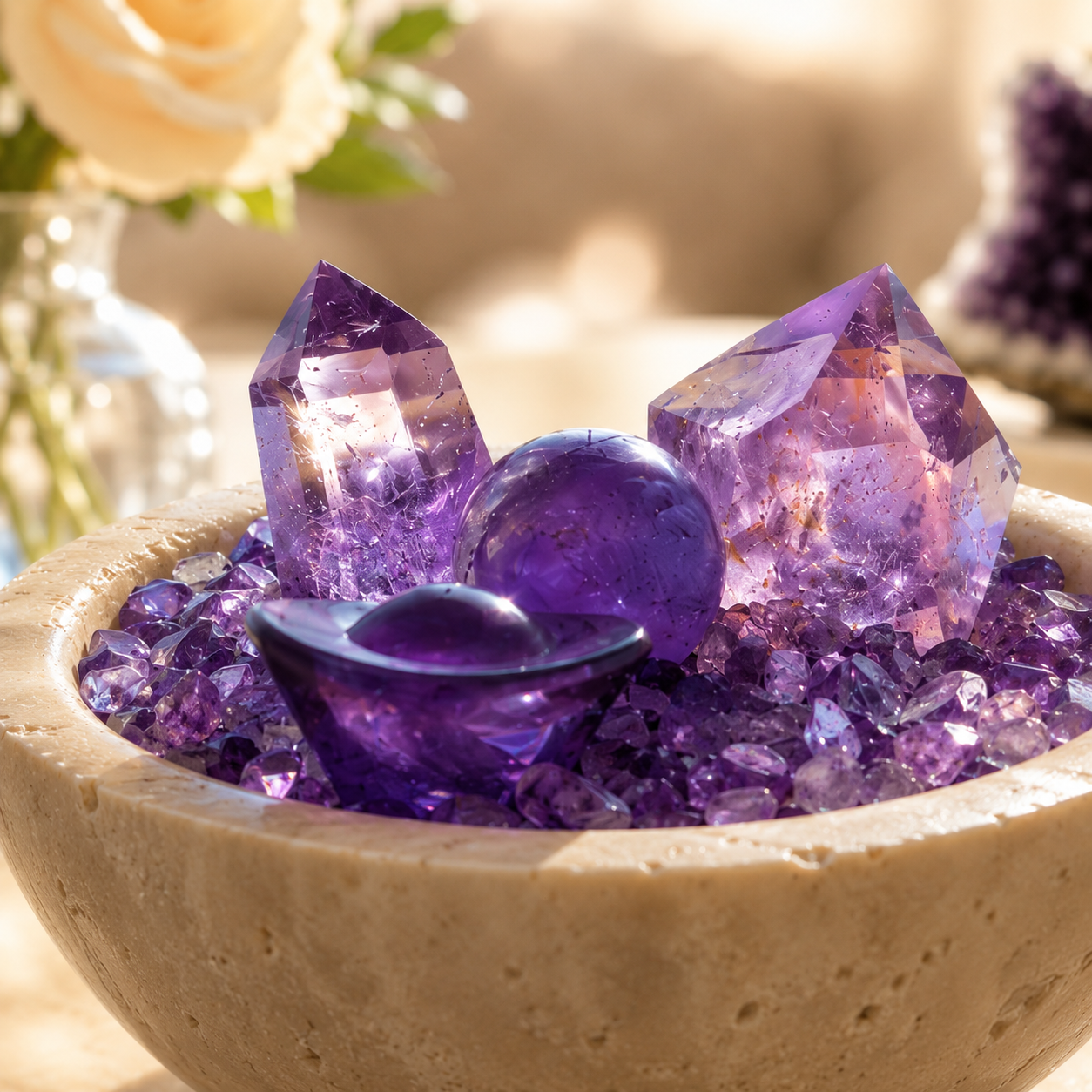 Wisdom, Intuition & Abundance — Premium Amethyst Crystal Grid Set with Sphere, Tower & Ingot for Manifestation, Office & Altar Décor