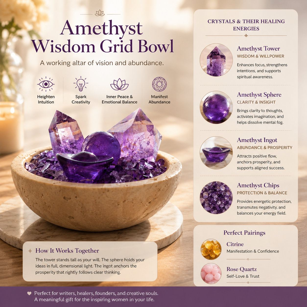 Wisdom, Intuition & Abundance — Premium Amethyst Crystal Grid Set with Sphere, Tower & Ingot for Manifestation, Office & Altar Décor