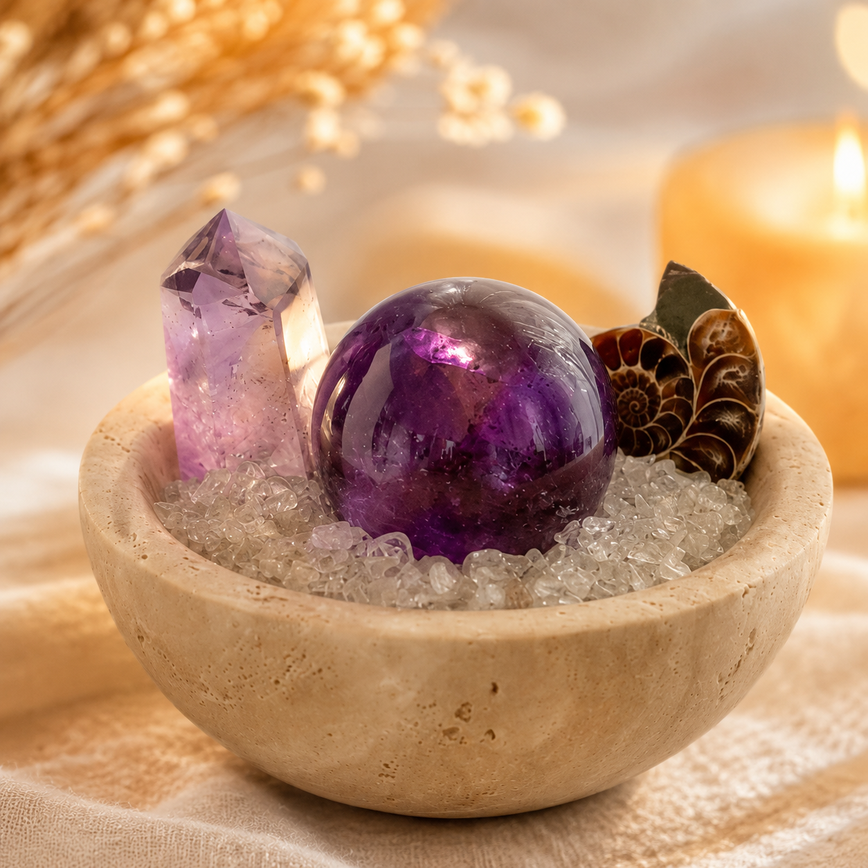 Intuition, Spiritual Growth & Positive Energy — Premium Amethyst Crystal Grid Set with Sphere, Tower & Natural Inclusions for Meditation, Bedroom & Altar Décor