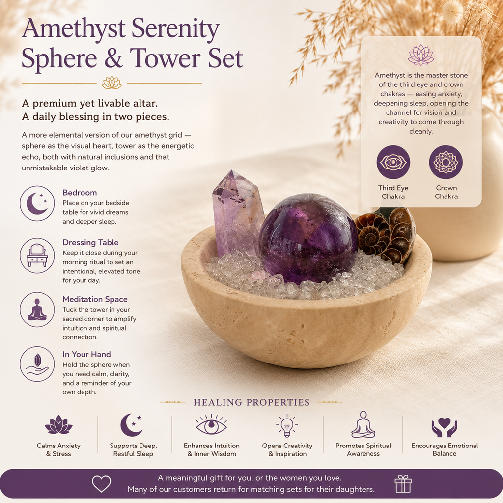 Intuition, Spiritual Growth & Positive Energy — Premium Amethyst Crystal Grid Set with Sphere, Tower & Natural Inclusions for Meditation, Bedroom & Altar Décor
