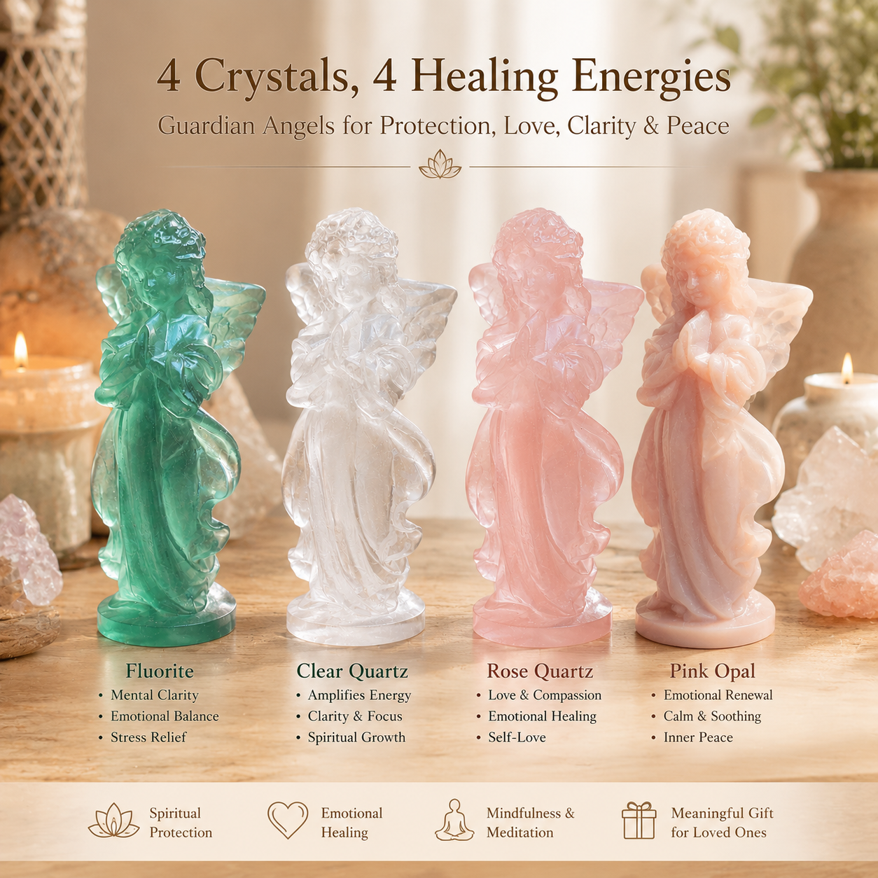 Protection, Guidance & Positive Energy — Fluorite Clear Quartz Rose Quartz Pink Opal Guardian Angel Crystal Statue for Home Décor, Meditation, Altar & Meaningful Gifts