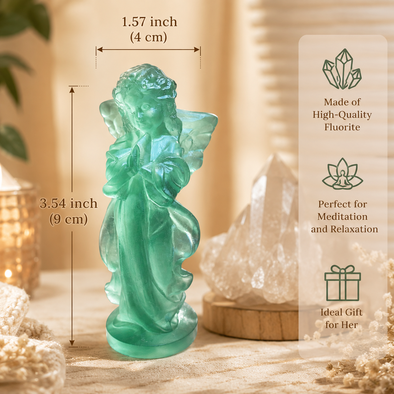 Protection, Guidance & Positive Energy — Fluorite Clear Quartz Rose Quartz Pink Opal Guardian Angel Crystal Statue for Home Décor, Meditation, Altar & Meaningful Gifts
