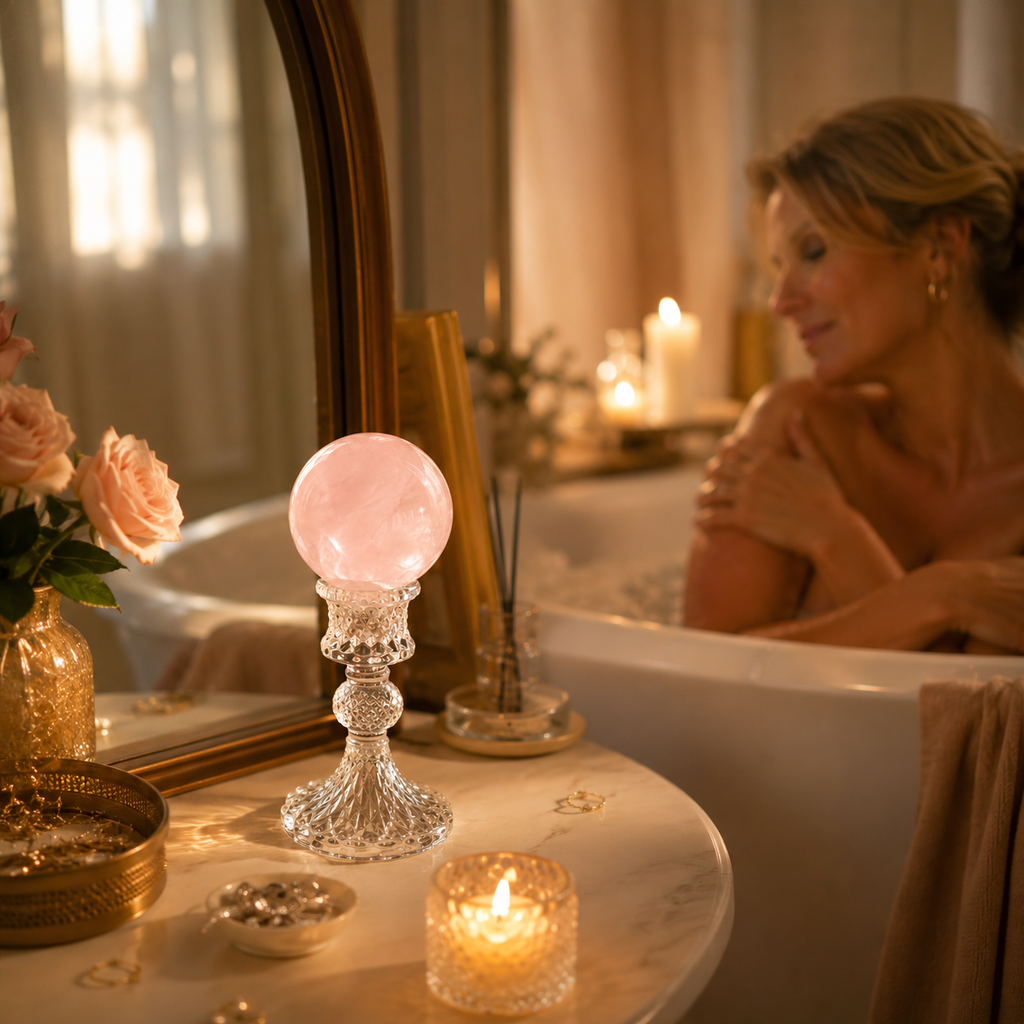 Self-Love, Compassion & Romantic Intentions — Rose Quartz Crystal Sphere for Heart Chakra, Meditation, Bedroom & Altar Décor, Approx. 2–2.4 in. Diameter
