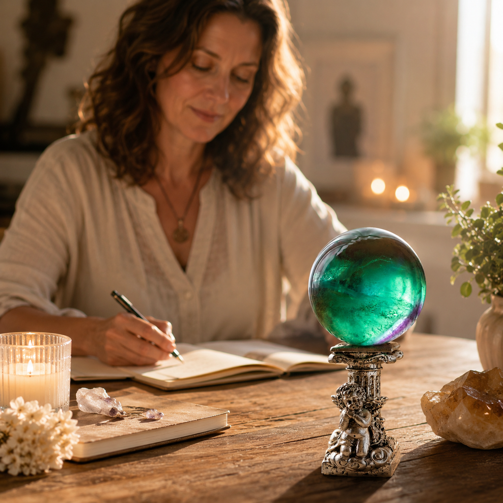 Clarity, Creativity & Heart-Centered Energy — Top-Grade Green Fluorite Crystal Sphere for Focus, Meditation, Desk & Altar Décor, Approx. 1.6 in. Diameter