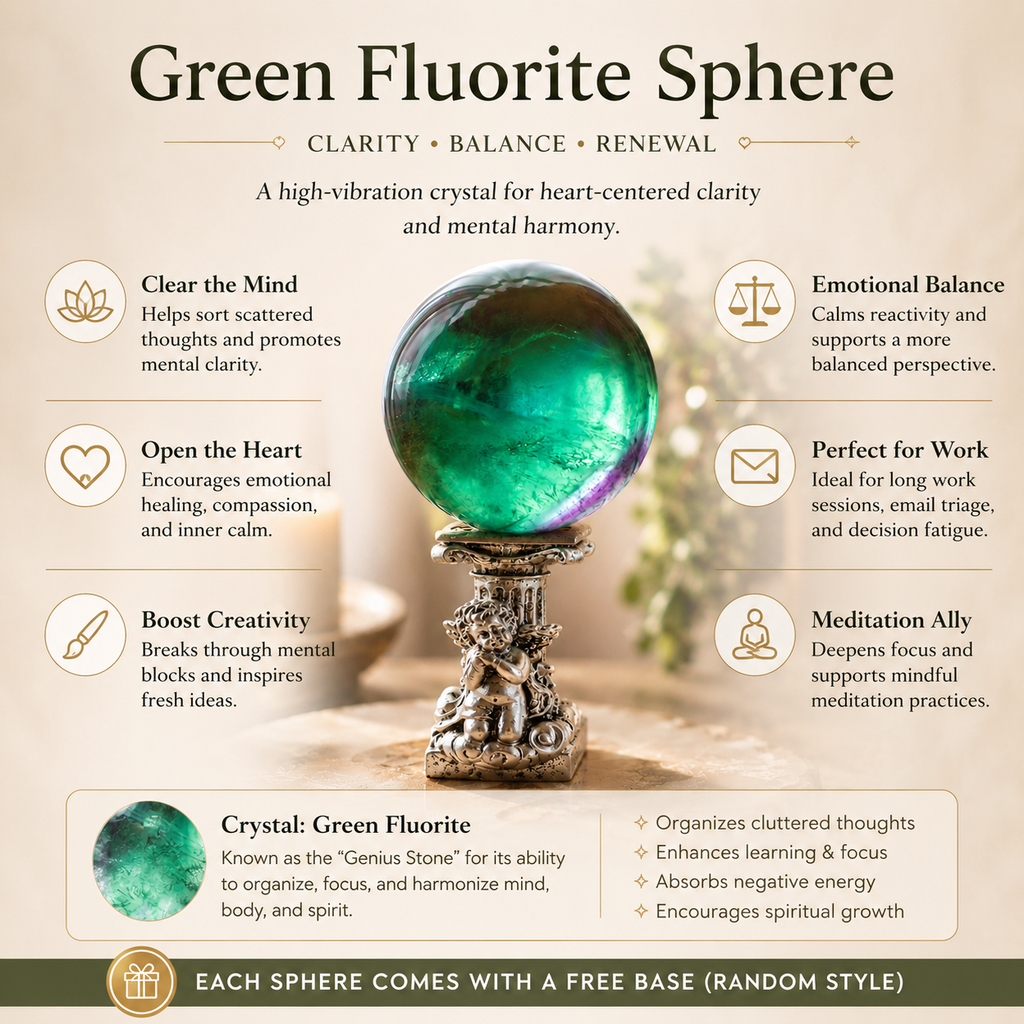 Clarity, Creativity & Heart-Centered Energy — Top-Grade Green Fluorite Crystal Sphere for Focus, Meditation, Desk & Altar Décor, Approx. 1.6 in. Diameter