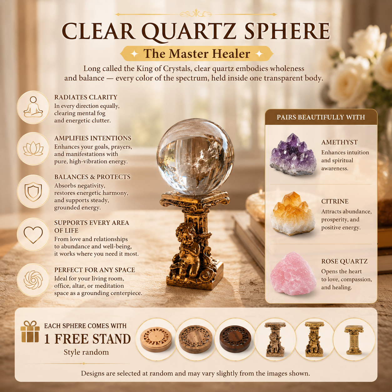 Clarity, Focus & Positive Energy — Clear Quartz Crystal Sphere for Manifestation, Office Desk, Home & Altar Décor, Approx. 2.4 in. Diameter